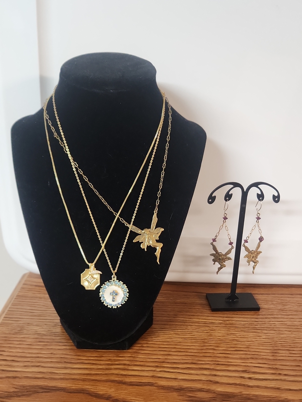 Two Gold Fairy And Cross Necklace Set with Matching Fairy Earrings